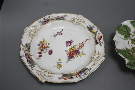 A Chelsea red anchor period vine leaf moulded dish, c.1755 and a Chelsea gold anchor bird and flower painted octagonal plate, c.1765, 2